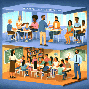 This image is divided into two horizontal sections. The top section shows a group of diverse adults and children in a classroom setting under the banner "TIERS OF RESPONCE TO INTERVIENATION." There are several adults engaged in discussions with children at individual desks, indicating a targeted or specialized educational intervention. The bottom section depicts a more traditional classroom setting with a larger group of students seated at desks, listening to a teacher who is instructing from the front of the class. A second teacher is also present, pointing to an illustration of a light bulb on the chalkboard, symbolizing new ideas or understanding. The room is well-lit and bookshelves filled with books line the back wall.