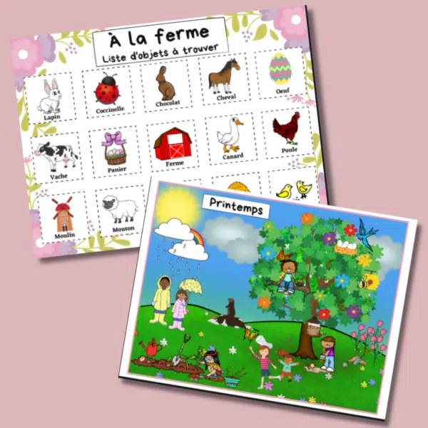 Jeu cherche-et-trouve imprimable pour stimuler le langage au printemps – conçu pour les enfants par une orthophoniste.